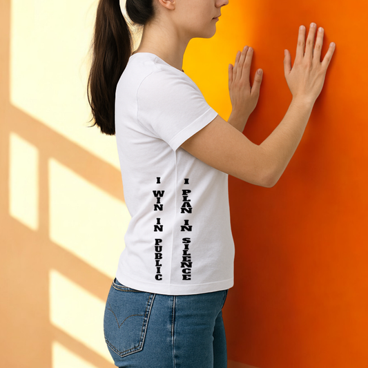 ME | Unisex Round Neck T-Shirt White – “I PLAN IN SILENCE. I WIN IN PUBLIC.” | Side Print | Minimalist Powerwear, Psychological Fashion