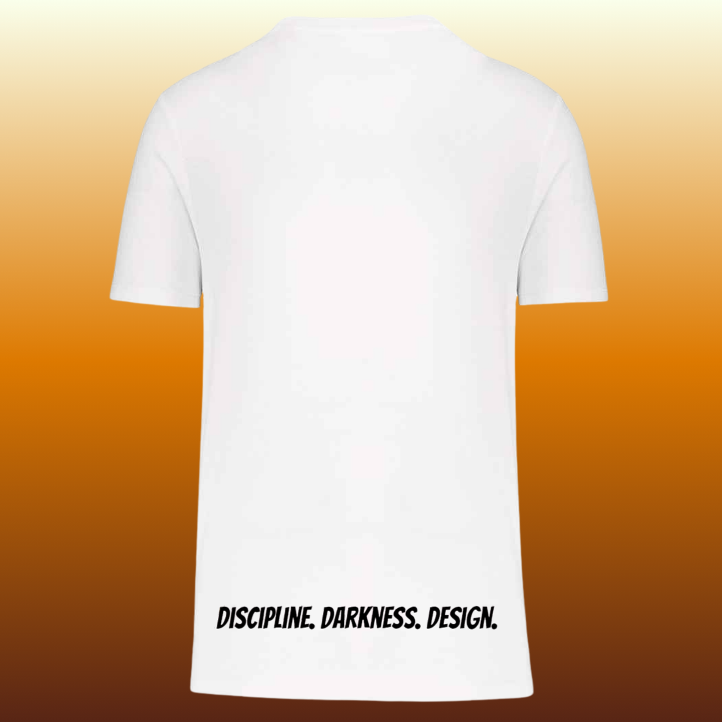ME | Unisex Round Neck T-Shirt White/Navy– “Discipline. Darkness. Design.” (Back Print) | Dark Aesthetic, Existential Quote, Minimalist Streetwear