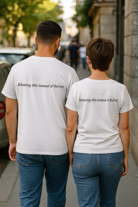 ME | Unisex Round Neck T-Shirt White – “Wearing this instead of feelings” | Back Print | Minimalist Powerwear, Psychological Fashion