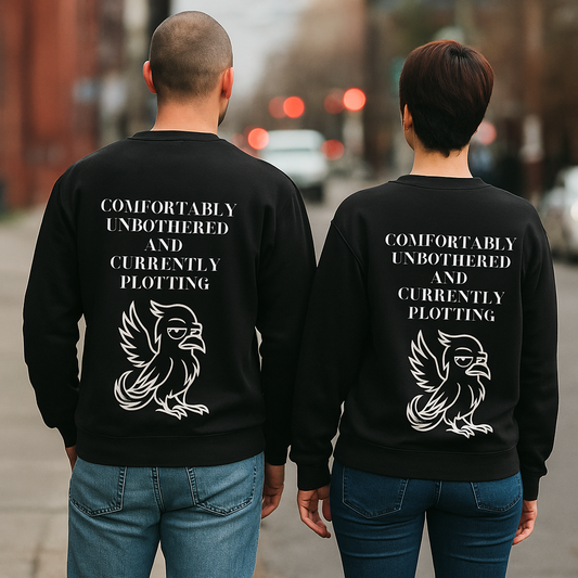 ME | Unisex Premium Streetwear Jumper  – “Comfortably Unbothered and Currently Plotting” (Back Print) | Phoenix Quote, Emotional Empowerment, Minimalist Streetwear