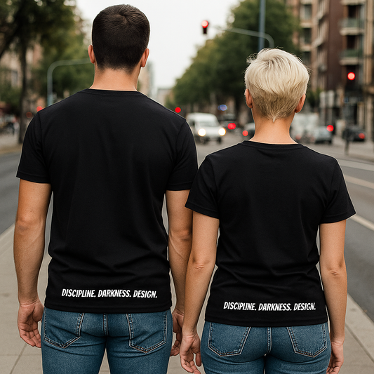 ME | Unisex Round Neck T-Shirt White/Navy– “Discipline. Darkness. Design.” (Back Print) | Dark Aesthetic, Existential Quote, Minimalist Streetwear