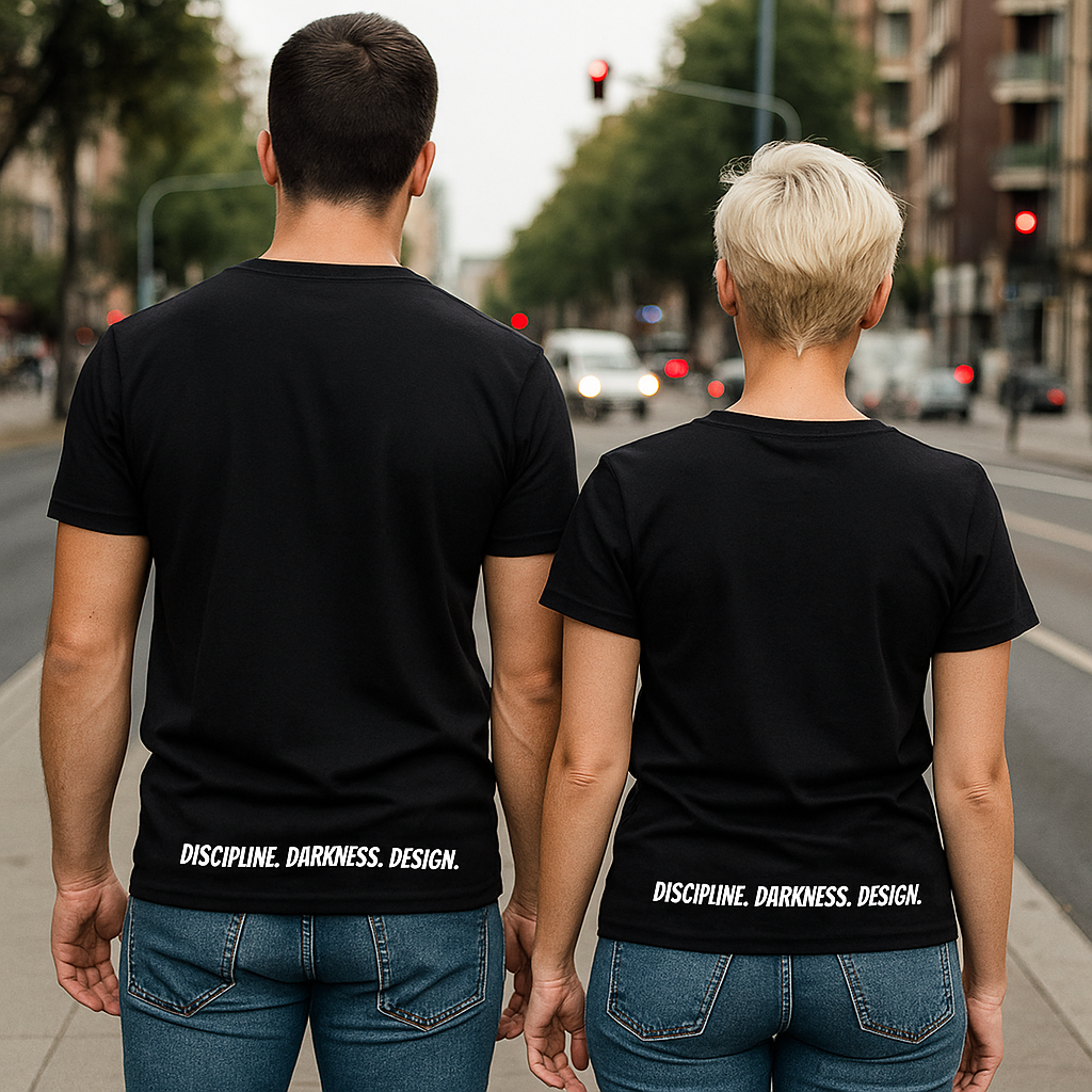 ME | Unisex Round Neck T-Shirt White/Navy– “Discipline. Darkness. Design.” (Back Print) | Dark Aesthetic, Existential Quote, Minimalist Streetwear