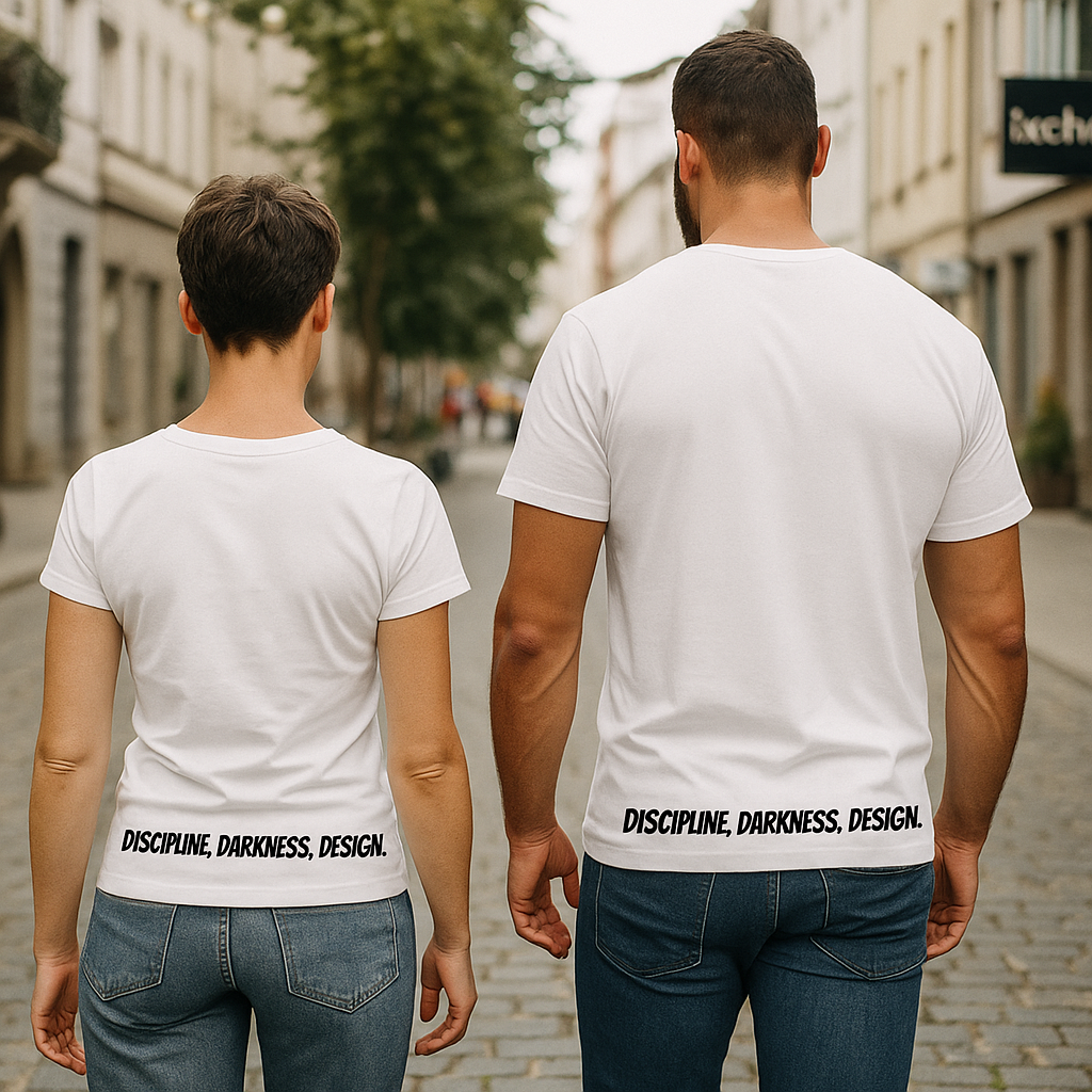 ME | Unisex Round Neck T-Shirt White/Navy– “Discipline. Darkness. Design.” (Back Print) | Dark Aesthetic, Existential Quote, Minimalist Streetwear